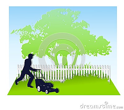 Mowing The Lawn In Spring Cartoon Illustration