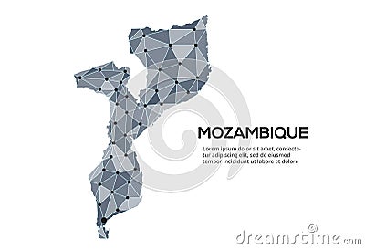 Mozambique communication network map. Vector image of a low poly global map with city lights. Map in the form of triangles and Vector Illustration