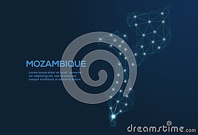 Mozambique communication network map. Vector low poly image of a global map with lights in the form of cities. Map in the form of Vector Illustration