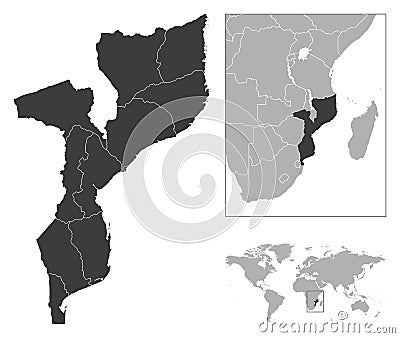 Mozambique - detailed country outline and location on world map. Vector Illustration