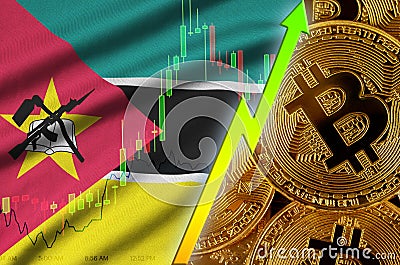 Mozambique flag and cryptocurrency growing trend with many golden bitcoins Stock Photo