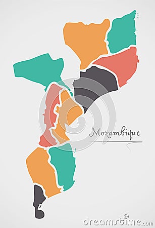 Mozambique Map with states and modern round shapes Cartoon Illustration