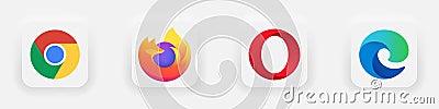 Mozilla Firefox, Microsoft Edge, Google Chrome and Opera are popular internet browsers with an isolated background. Vector buttons Vector Illustration
