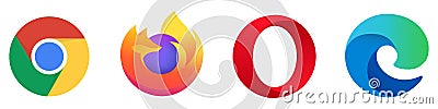Mozilla Firefox, Microsoft Edge, Google Chrome and Opera are popular internet browsers on a white background. Vector logos of Vector Illustration