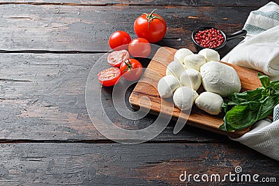 Mozzarella cheese balls, cherry tomatoes and green fresh organic basil space for text Stock Photo