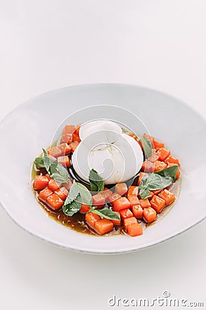 Mozzarella cheese on a plate. Sliced tomatoes in a dish Stock Photo