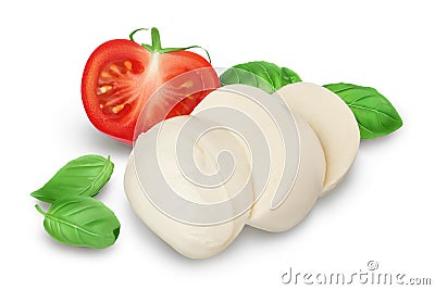 Mozzarella cheese sliced with basil leaf and tomato isolated on white background with clipping path and full depth of Stock Photo