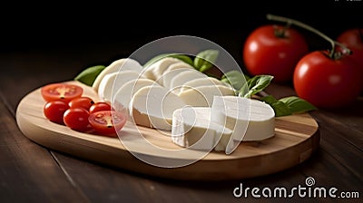 Mozzarella cheese sliced on a wooden board and tomatoes Stock Photo