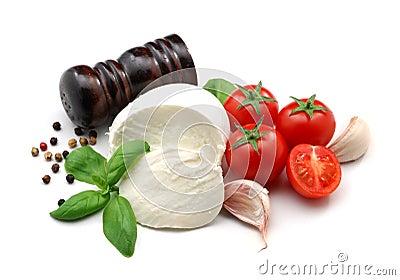 Mozzarella, tomatoes, basil and garlic Stock Photo
