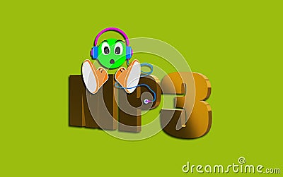 MP3, compression audio coding format, MPEG Layer III audio. Headset graphic. Emoticon with surprise facial expression. Stock Photo