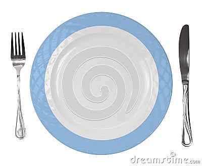 Î•mpty plate with fork and knife isolated on white transparent background, top view Stock Photo