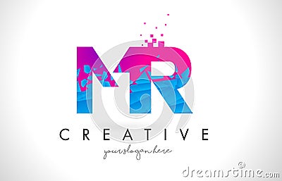 MR M R Letter Logo with Shattered Broken Blue Pink Texture Design Vector. Vector Illustration