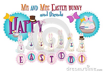 Mr and Mrs Easter bunny, card Vector Illustration