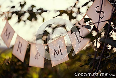 Mr. & Mrs. wedding sign on the flags Stock Photo