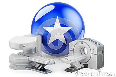 MRI and CT Diagnostic, Research Centres in Somalia. MRI machine and CT scanner with Somali flag, 3D rendering Stock Photo