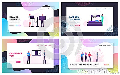 Mri Xray Scanning Procedure Website Landing Page Set. Doctor Look at Results of Patient Scan. Man Lying in Radiographer Vector Illustration