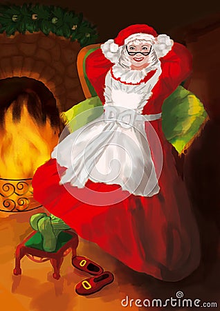 Christmas Cute wife Mrs Claus with glasses New Year card.Mrs Claus for winter and new year winter holidays Cartoon Illustration