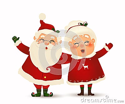 Mrs. Claus Together. Vector cartoon character of Happy Santa Claus and his wife isolated. Christmas family celebrate Vector Illustration