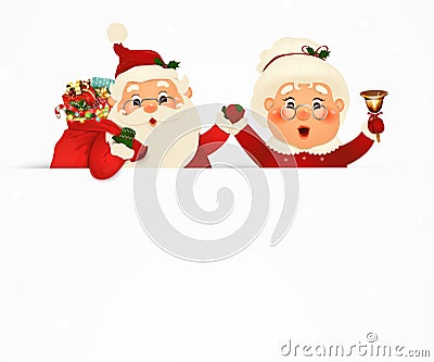 Mrs. Claus Together. Vector cartoon character of Happy Santa Claus and his wife with signboard, advertisement banner. Cute Santa Cartoon Illustration