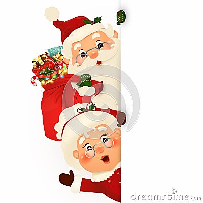 Mrs. Claus Together. Vector cartoon character of Happy Santa Claus and his wife with signboard, advertisement banner Vector Illustration