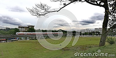 MRT train moving along viaduct Editorial Stock Photo