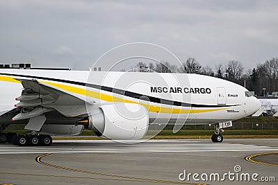 MSC Air Cargo 777F freighter on runway with name and brand Editorial Stock Photo