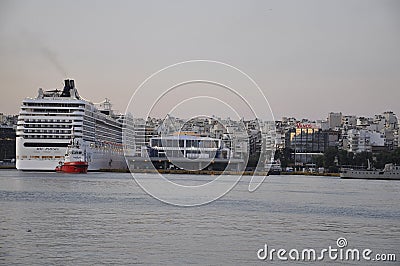 Athens, September 6th: Ferryboat docking in the Piraeus Port from Athens in Greece Editorial Stock Photo