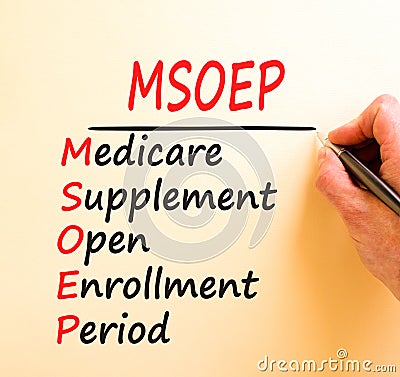 MSOEP symbol. Concept words MSOEP medicare supplement open enrollment period on white paper. Beautiful brown background. Medical Stock Photo