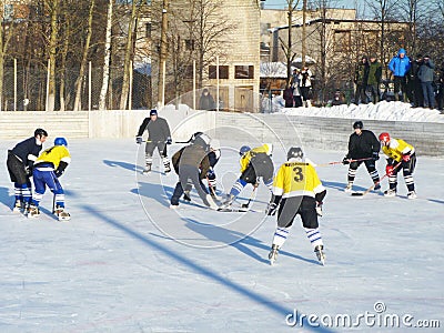 Mstyora,Russia-January 28,2012: Atheletic game of hockey on icy platform Editorial Stock Photo