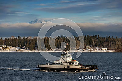 Mt. Baker and the Ferry After a Winter Storm Stock Photo