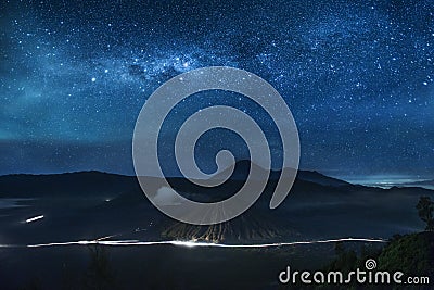 Mt Bromo and stars filled sky at night Stock Photo