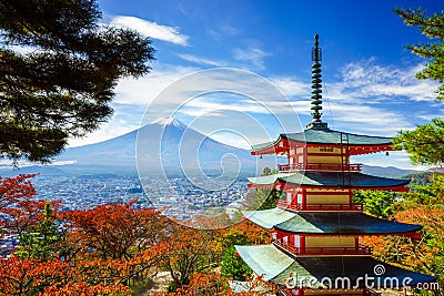 Mt. Fuji with Chureito Pagoda, Fujiyoshida, Japan Stock Photo