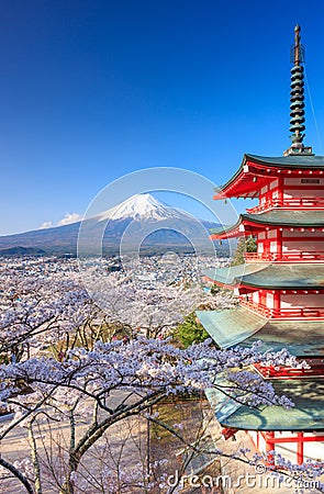 Mt. Fuji with Chureito Pagoda, Fujiyoshida, Japan Stock Photo