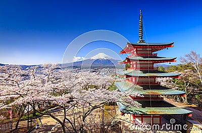 Mt. Fuji with Chureito Pagoda, Fujiyoshida, Japan Stock Photo