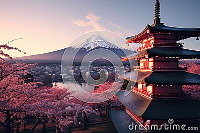 Mt Fuji and Chureito Pagoda at sunrise, Japan, Fujiyoshida, Japan Beautiful view of mountain Fuji and Chureito pagoda at sunset, Stock Photo