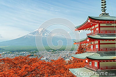 Mt. Fuji with fall colors in Japan. Stock Photo