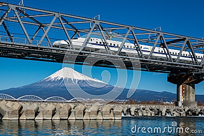 Mt. Fuji and Japanese train Editorial Stock Photo