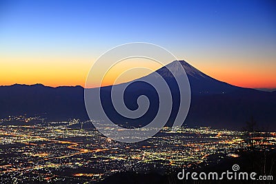 Mt. Fuji and Kofu city at dawn Stock Photo