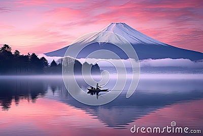 Mt Fuji and Lake Kawaguchiko at sunrise, Japan, Mt. Fuji or Fujisan with Silhouette three fishing people on boats and mist at Stock Photo