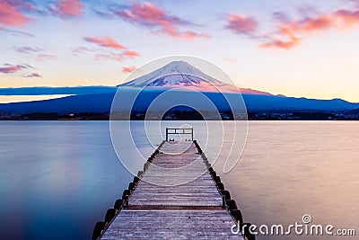 Mt. Fuji with a leading dock in Lake Kawaguchi, Japan Stock Photo
