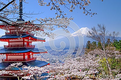 Mt. Fuji with red pagoda in autumn, Fujiyoshida, Japan Editorial Stock Photo