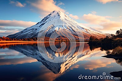 Mt. Fuji reflected in the lake at sunrise, New Zealand, Volcanic mountain in morning light reflected in calm waters of lake, AI Stock Photo