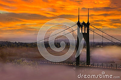 Mt Hood by St Johns Bridge during Sunrise early morning in Portland OR USA Stock Photo