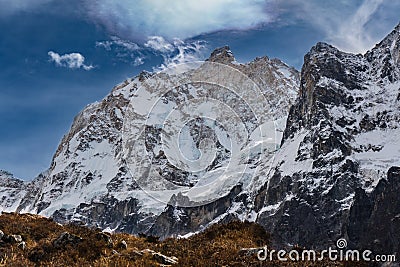 Mt. Kumbhakarna seen from Jannu Base Camp in the Himalayas of Taplejung, Nepal during KBC Trek Stock Photo