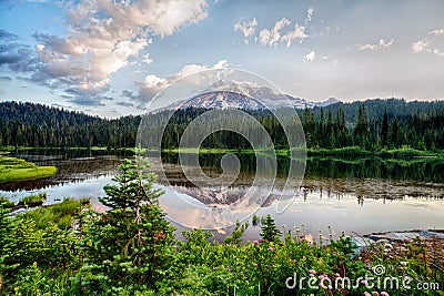 Mt Rainier and Reflection Lake at sunrise Stock Photo