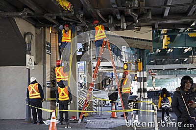MTA employees perform work on subway infastructure Bronx NY Editorial Stock Photo