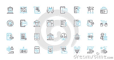 Mtary solutions linear icons set. Logistics, Efficiency, Automation, Advancement, Reliability, Integration, Innovation Vector Illustration