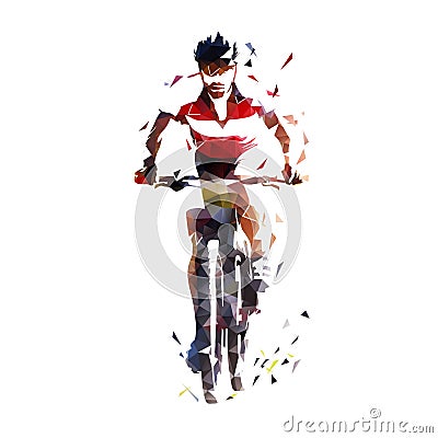 MTB cycling logo. Cyclist on bike, front view geometric low poly vector illustration Vector Illustration