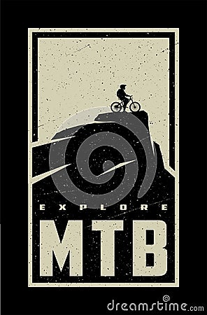 MTB explore. Mountain bike banner, t-shirt print design on a dark background. Vector illustration. Vector Illustration