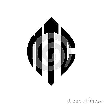 MTC circle letter logo design with circle and ellipse shape. MTC ellipse letters with typographic style. The three initials form a Vector Illustration